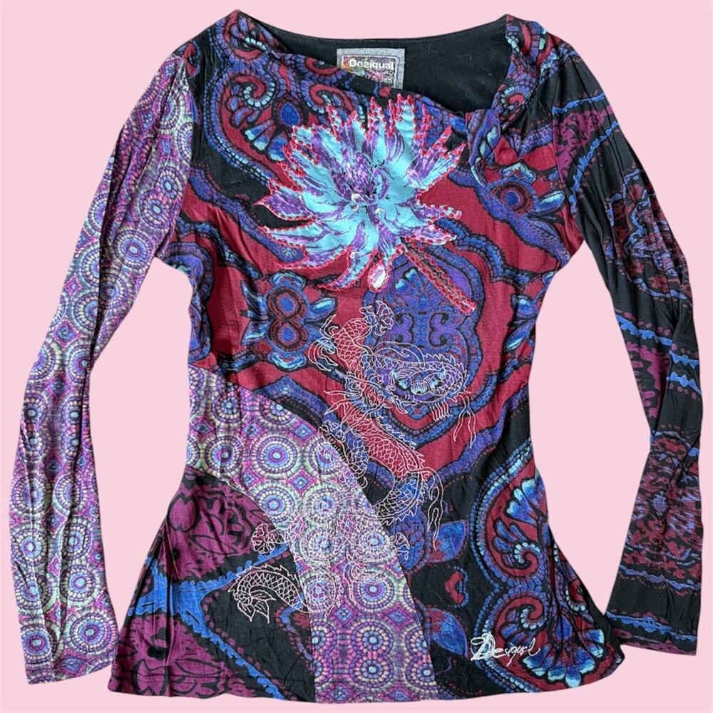 Y2K Desigual long sleeve top with dragon embroidery